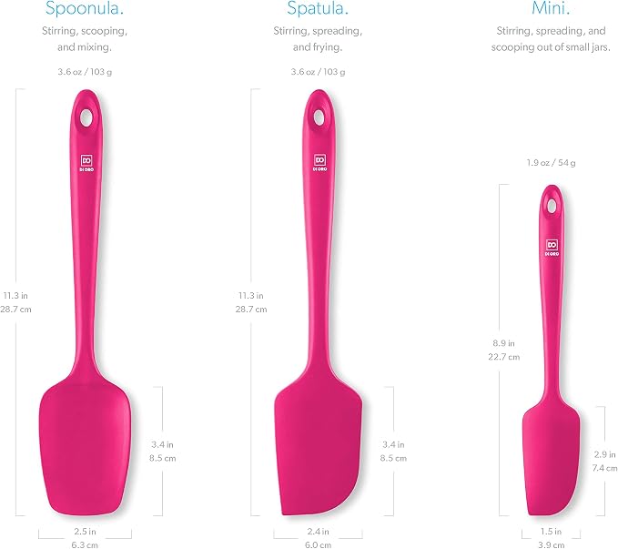 DI ORO Silicone Spatula Set - 600F Heat Resistant, 3-Pc Magenta | Rubber scraper won't scratch nonstick pans; For baking, cooking, mixing, and frosting; BPA-free and dishwasher safe
