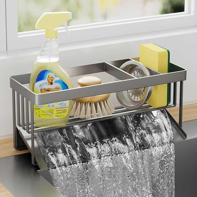 Kitchen Sink Caddy Organizer for Kitchen Countertop Organizers Grey | 304 Stainless Steel, Removable Drip Tray, Home Decor Accessories