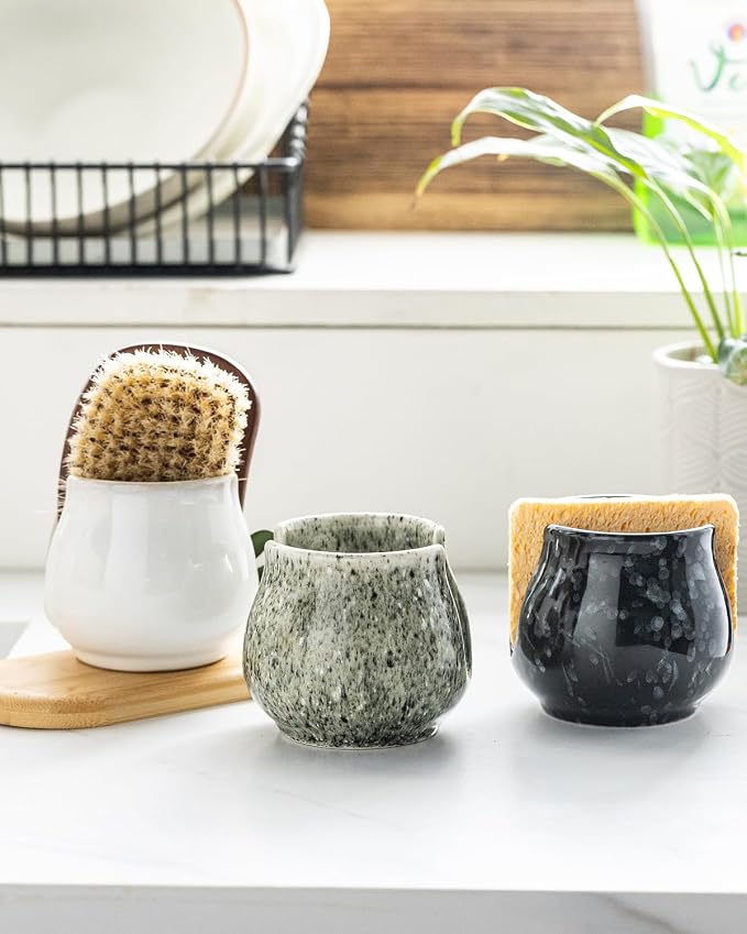 Zoeeker Sponge Holder, Ceramic Sponge Holder for Kitchen Sink Brush Holder | Cute Scrubby Caddy Organizer Sponge Dish Rack Kitchen Storage Organizer Sink Caddy for Bathroom Countertop, Special Gray