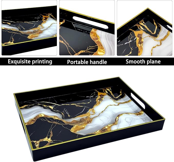 Serving Tray with Handles, 15.7 * 11.8 inches, Plastic Ottoman Tray with Exquisite Paintings, Trays for Coffee Table