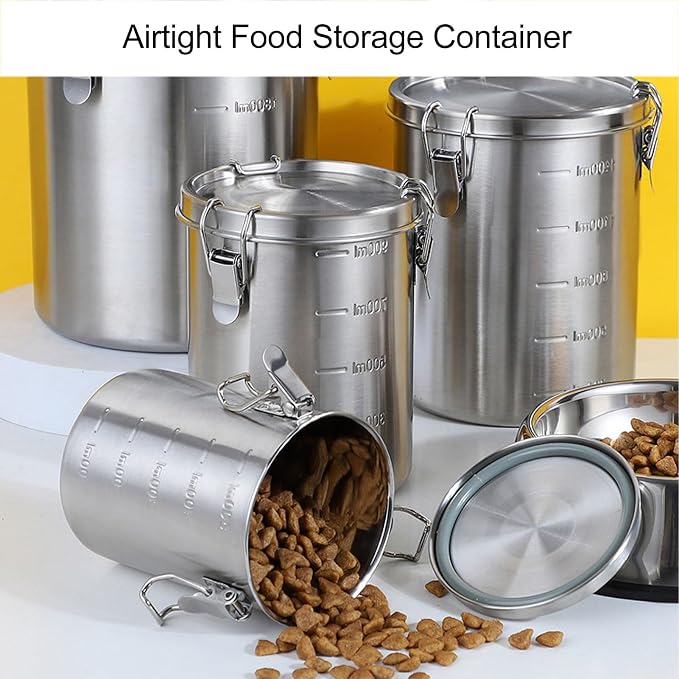 Fockety Stainless Steel Pet Food Storage Container, Airtight Canister with Leak Proof Buckles, Large Flour Coffee Bean Tea Cereal Sugar Cookie Metal Food Storage Canisters for Kitchen