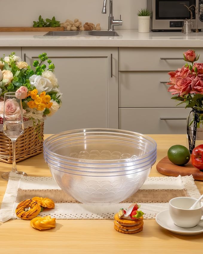 BESTVIP 150 Oz Clear Plastic Serving Bowls, 4 Pack | 11.6-Inch Disposable & Reusable Bowls for Salad, Snacks, Chips & Candy, Stackable for Parties, Holidays & Meal Prep