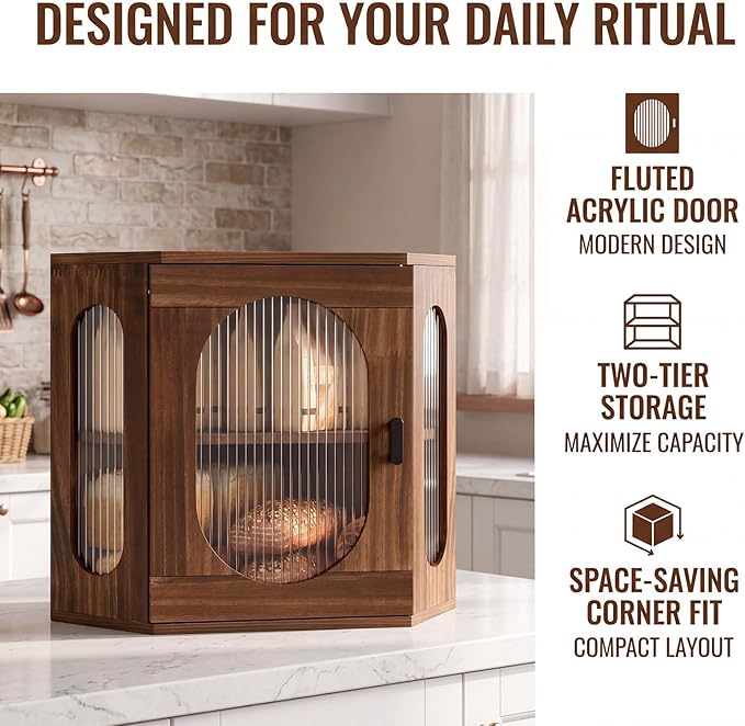 Alpeir Corner Bread Box for Kitchen Countertop, 3 Adjustable Height,Brown | Solid Pine Wood, Hold 2 Loaves, Strong Acrylic Window, Easily Care, Farmhouse Pantry Container for Home Baker, Family of 4