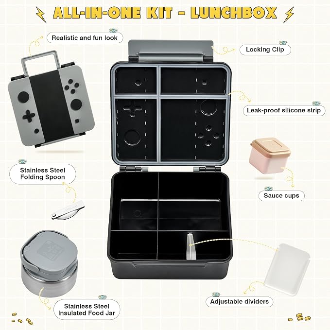 Game Bento Box for Kids, Lunch Box with Thermo(9oz Food Jar), Folding Spoon, Removable Divider & Sauce Cup, Lunch Box Kids for School,Travel, BPA-Free & Realistic Shape(Grey)