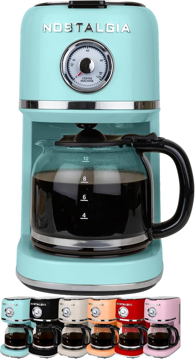 Nostalgia Classic Retro 10 Cup Coffee Maker - One-Touch Drip Brew, Reusable Filter - Anti-Drip, Auto Shutoff, & Time Display - Dishwasher Safe 50 oz Carafe - Aqua