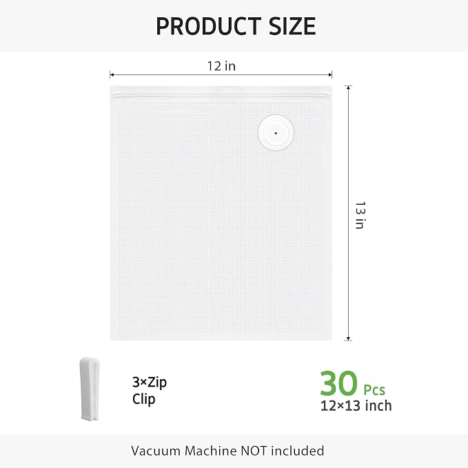 Syntus 30 Pcs Reusable Vacuum Sealer Bags for Food, 12"x13" Large Size | Upgraded Air Valve, Microwave Sous Vide Freezer Meal Prep, Leak-Proof, Food Storage Zipper Bags, for Compact Vacuum Sealer