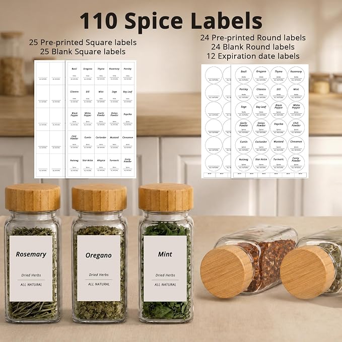 SHOWIN Spice Jars with Label, 8oz Spice Containers with Bamboo Lids 12pcs, Glass Spice Jars with Lids, Square Seasoning Containers for Rack, Cabinet, Drawer, Home Kitchen Seasoning Organizer