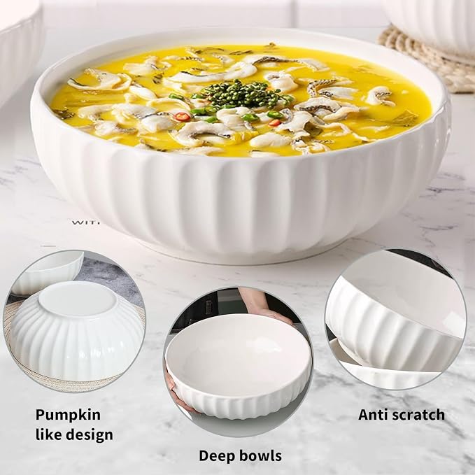 4 Quarts 2 Pcs Extra Large White Serving Bowls with Free Spoons, 12 inch Oversized Big Salad Bowls For Entertaining, Eating, Ceramic Serving Dishes, Pumpkin Serving Bowl Set For Fruit Soup Pasta