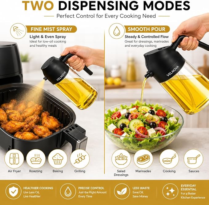 Olive Oil Sprayer for Cooking, 16oz/470ml Glass Oil Sprayer & Dispenser, 2-in-1 Oil Mister Bottle for Air Fryer, Salad, BBQ, Frying, Roasting & Kitchen, Food Grade, Leakproof, Refillable