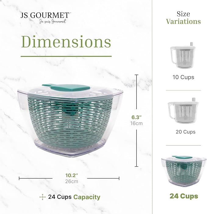 JS Gourmet Manual Salad Spinner with Strainer Basket - 5.68L (24 Cup) | BPA-Free Push Vegetable Spinner, Durable Kitchen Gadget, Easy Spin Dryer Bowl for Lettuce, Fruits & Greens