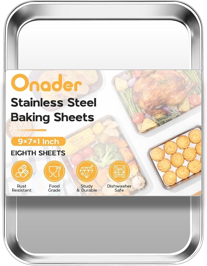 Onader Baking Sheet Pan Tray, Stainless Steel Small Baking Cookie Sheets, 9 x 7 Inch Mini Toaster Oven Trays, Food-Grade Durable Mirror Finish & Dishwasher Safe, 1-Pack