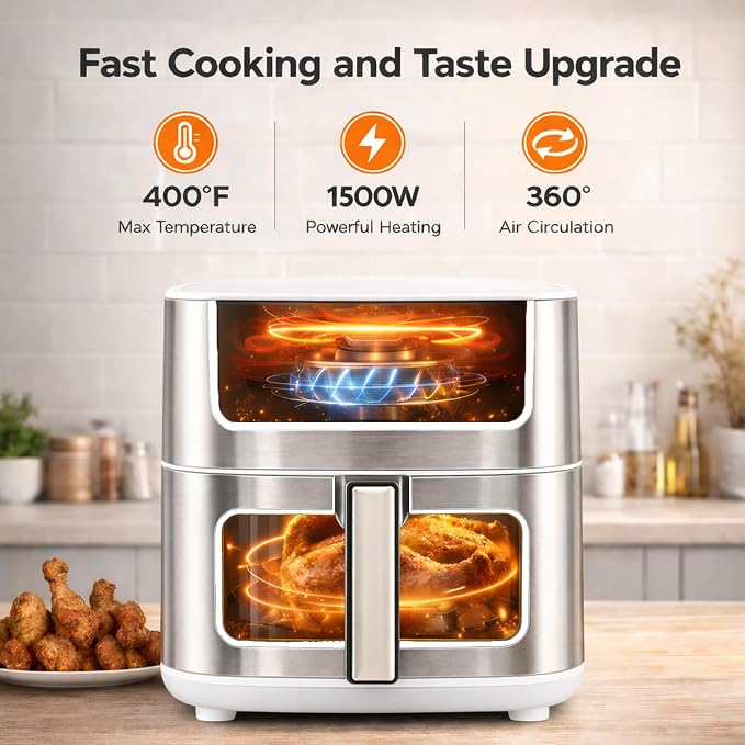 Simple Deluxe 8-in-1 Air Fryer 6.34 Qt, Digital Preset Airfryer with Visible Window, Nonstick and Dishwasher-Safe Basket, Air Fry, Chicken, Pizza, Dehydrate, Fries, 90-Min Timer, 1700W, White