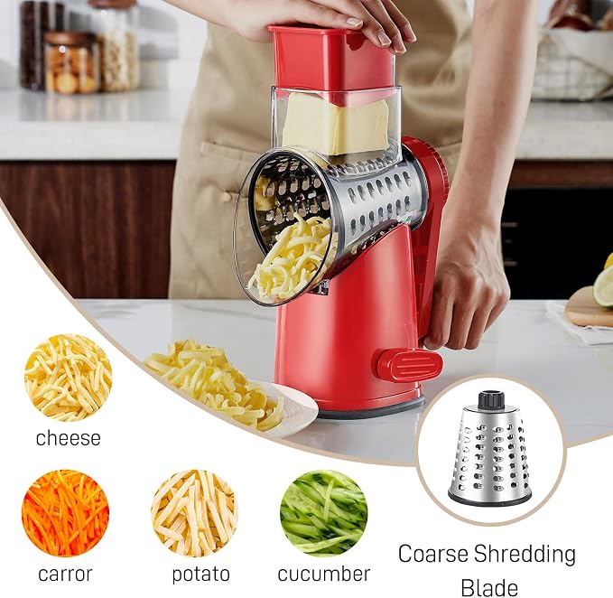 Weltonhm 4 in 1 Large Rotary Cheese Grater Hand Crank (red, 4 Graters) | Cheese Shredder Rotary and Slicer with 4 Stainless Steel Blades for Vegetables, Veggie and Cheese, Stronger Suction Base