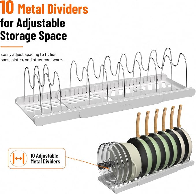 Expandable Pots and Pans Organizer Under Cabinet, Pan Organizer Rack with 9 Adjustable Slots, Pot Lid Holder for Cabinet, Countertop, Plates, Cutting Boards, Baking Sheets-White