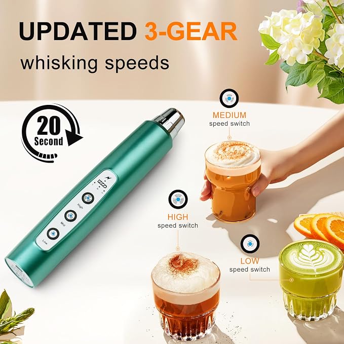 YUSWKO Handheld Milk Frother Wand for Coffee, Rechargeable Electric Whisk with 3 Heads 3 Speeds Drink Mixer Coffee Frother For Latte, Cappuccino, Hot Chocolate, Egg, Green