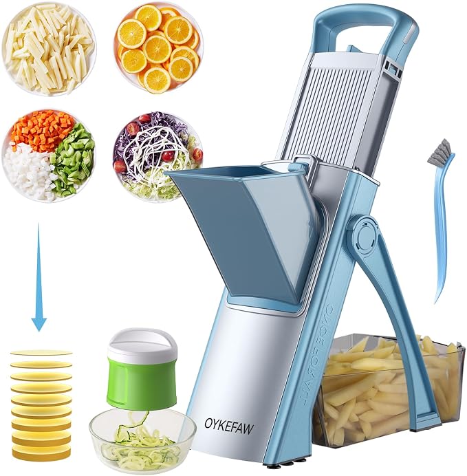 Safe Mandoline Slicer for Kitchen, Vegetable Chopper, Zucchini Spiralizer | Safe Mandoline Slicer, French Fry Cutter For Potatoes, Potato Slicer, Food Chopper, Adjustable Thickness 0.1-8 mm with Brush