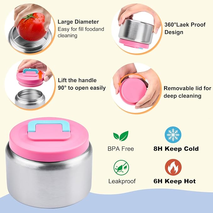 Bento Lunch Box for Kids with Thermo, Leakproof Bento Box with 8oz Insulated Food Jar, Lunch Bag, BPA Free Dishwasher Safe 4 Compartment Container for School Girls Boys (Pink)