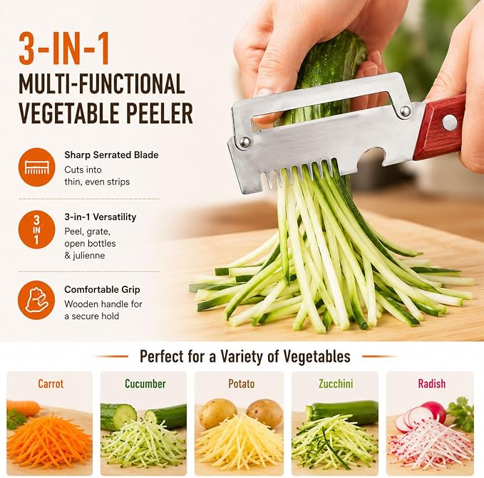 Vegetable Peeler With Wooden Handle and Bottle Opener, 2026 Upgrade 3-in-1 Veggie Peeler With Scallion Shredder and Bottle Opener for Kitchen