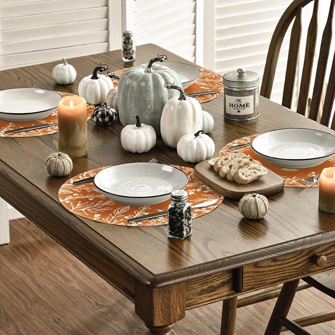 Artoid Mode Eucalyptus Leaves Round Fall Placemats Set of 8-14 Inch | Heat-Resistant, Washable Table Mats, Seasonal Autumn Kitchen Dining Decor
