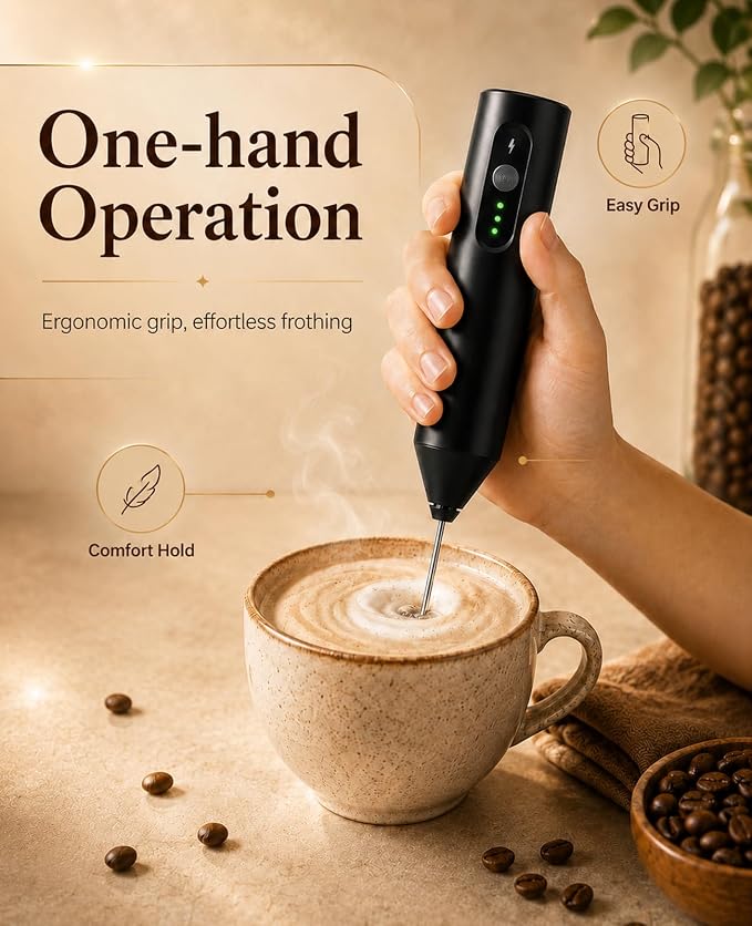 Rechargeable Electric Milk Frother Handheld, Hand Mixer Coffee Frother Wand | Portable Drink Mixer with 3 Speeds, 3 Whisk Heads, Storage Case, Electric Whisk for Matcha Lattes Cappuccino, Kitchen Gifts