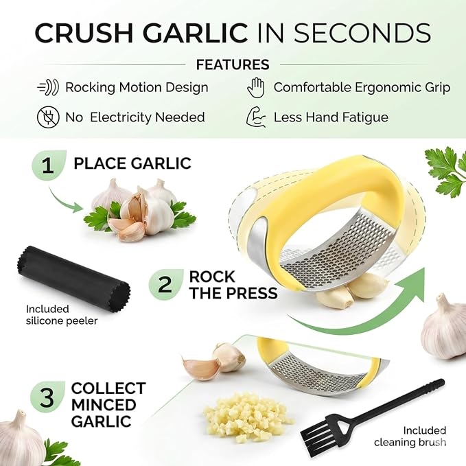 Angel's Peel Lounge Stainless Steel Garlic Press Rocker Set with Silicone Garlic Peeler & Cleaning Brush – Garlic Chopper, Mincer, Grater, Crusher – Easy for Crushed Cloves – Rust-Resistant, Yellow
