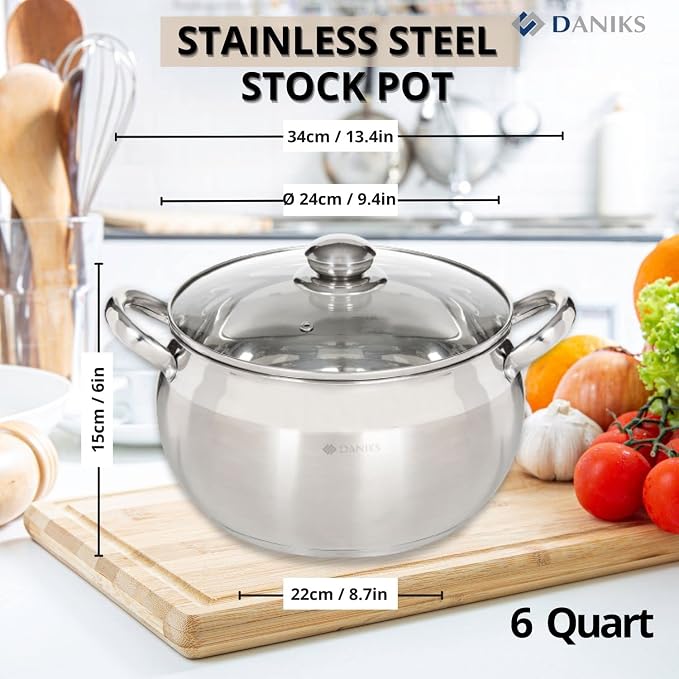 Daniks Classic 6.5 Quart Stainless Steel Stock Pot with Glass Lid, Tri-Ply Bottom for Even Heating, Induction Compatible, Dishwasher Safe