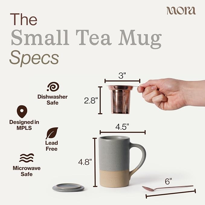 Mora Ceramics Tea Cup with Loose Leaf Infuser, Spoon and Lid, 12 oz, Microwave and Dishwasher Safe Coffee Mug - Rustic Matte Ceramic Glaze, Modern Herbal Tea Strainer - Great Gift for Women, Pepper