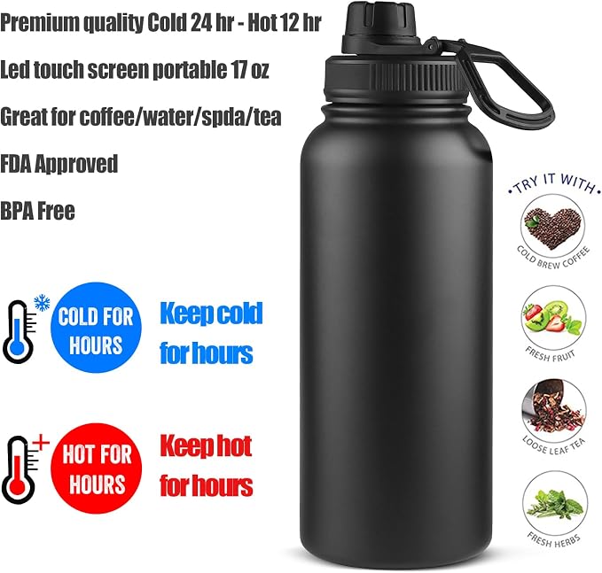 Sivaphe 32 oz Tea Infuser Bottle With Removable Filter,18/8 Stainless Steel Insulated Water Bottle for Loose Leaf Tea,1L Strainer Travel Tumbler with Lid Black