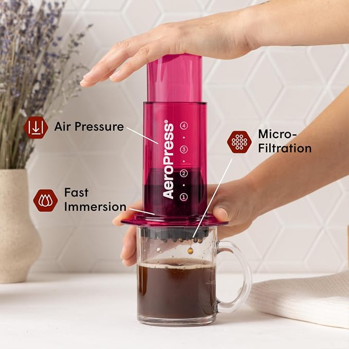 AeroPress Clear Pink Coffee Press, French Press, Pour-Over & Espresso Style | All-in-One Manual Coffee Maker, 2-Minute Brew, Less Bitterness, More Flavor, Portable, Travel & Camping