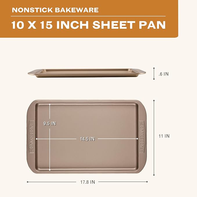Farberware Nonstick Bakeware 10 x 15" Cookie Pan, Metal Baking Pan, Mocha | Premium Nonstick 10x15 Baking Sheet & Sheet Pan For Cookies, Roasting, Easy Cleanup, Oven Safe to 450F