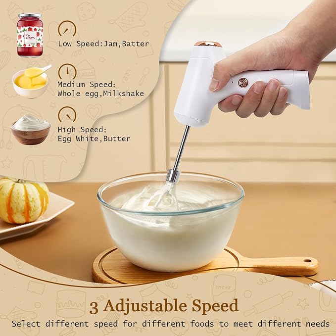 Cordless Hand Mixer, Handheld Electric Whisk with 3 Speed Modes, Hand Held Egg Beater with 2 Detachable Stir Whisks (White)