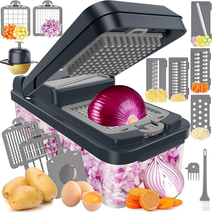 MealHelper 12-in-1 Vegetable Chopper, Food Veggie Chopper With Container | Kitchen Prep Tool, Cheese Grater, Home Essentials & Kitchen Gadgets, with Sharp Stainless Steel Blades(7 Blades, Gray)