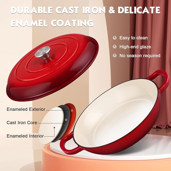 Overmont Enameled Cast Iron Dutch Oven - 3.8 QT Shallow Braiser with Recipe | Enameled Casserole with Lid Potholders, Oven Safe up to 500°F, Cast Iron Cookware for Grilling Searing Roasting Braising Bake