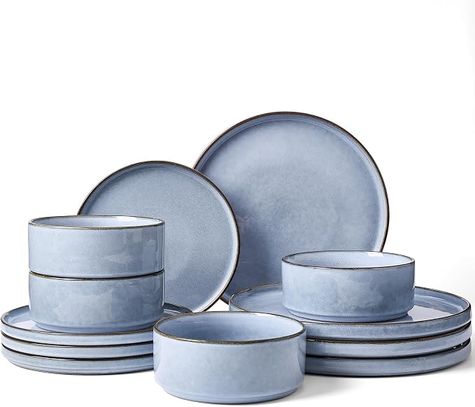 Famiware Annecy 12-Piece Stoneware Dinnerware Set, Reactive Blue | Stoneware Plates and Bowls for 4, Handmade Reactive Glaze, Microwave & Dishwasher Safe, Chip & Scratch Resistant