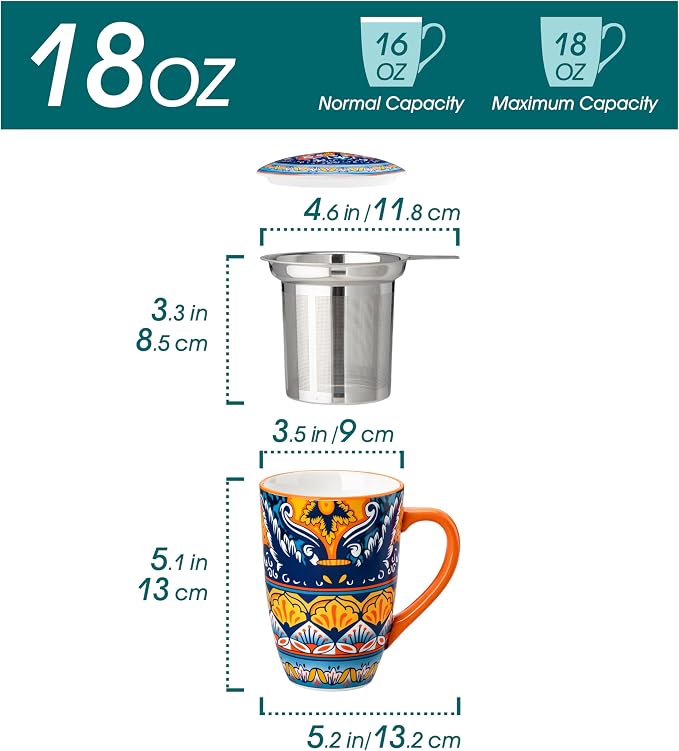 vancasso 18 Oz Tea Infuser Mug with Lid, Amber Iris Bloom | Eye-Catching Bohemian Pattern, Adds Charm to Any Tea Corner, Ceramic Mug with Infuser, Microwave and Dishwasher Safe