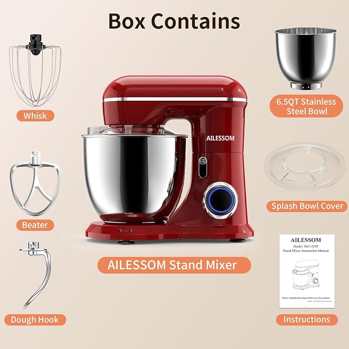 Stand Mixer, 6.5QT Tilt-Head Electric Kitchen Mixer, 10-Speed Household food mixer with 307 Stainless Steel Bowl, Dough Hook, Whisk & Beater, Splash Guard, Ideal for Baking Bread, Cake & Whipping