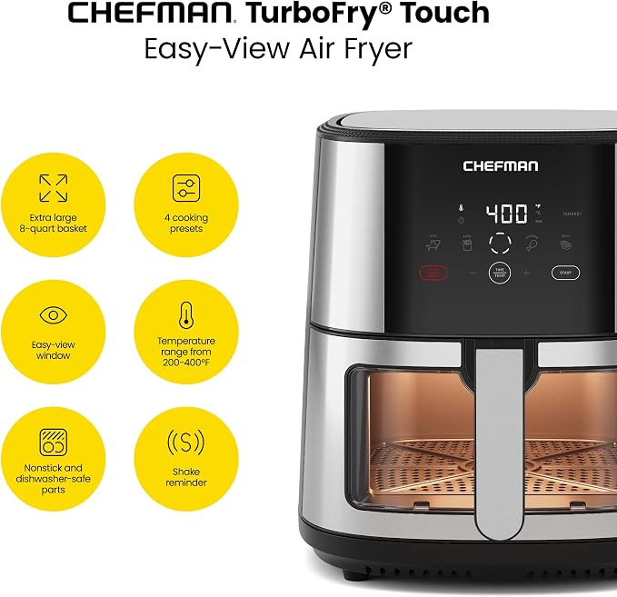 CHEFMAN Easy-View Air Fryer – 8 Qt Family Size with Viewing Window, One-Touch Digital Control with 4 Presets, Nonstick & Dishwasher Safe, Broil, Roast, Dehydrate, Bake, Auto-Shutoff, Stainless Steel