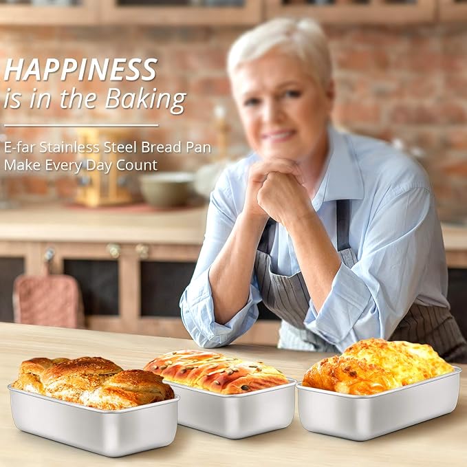 E-far Loaf Pan for Baking Bread, 9 x 5 Inch Stainless Steel Bread Pan, 3PCS | Non-Toxic Bread Tins for Homemade Banana Cake Meatloaf Brownies, Healthy & Easy Release, Dishwasher Safe