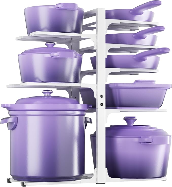 MUDEELA 8-Tier Heavy Duty Pots and Pans Organizer for Cabinet, 20.8"H White | Adjustable heavy-duty pot rack, Holds big stockpots and cookware, Fits under cabinet or on countertops, Easy Assembly