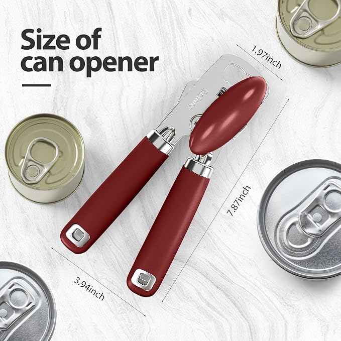 Safring Can Opener Manual, Heavy Duty Stainless Steel Smooth Edge Can Openers With Soft Touch Handle, Oversized Handheld Easy Turn Knob, Multi-Function Bottle Opener, Red