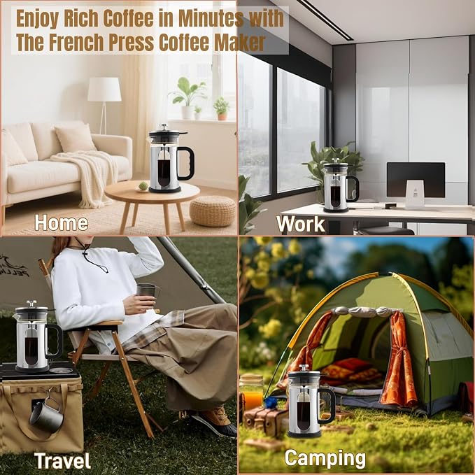 French Press Coffee Maker 34 oz, 1000ml Borosilicate Glass Stainless Steel Coffee Brewer with Reusable Filters Portable Coffee Press for Kitchen Travel Camping