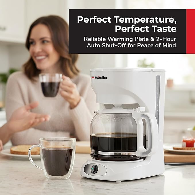 MUELLER HOME 12-Cup White Coffee Maker | Borosilicate Carafe, Auto-Off, Reusable Filter, Anti-Drip, Keep-Warm Function