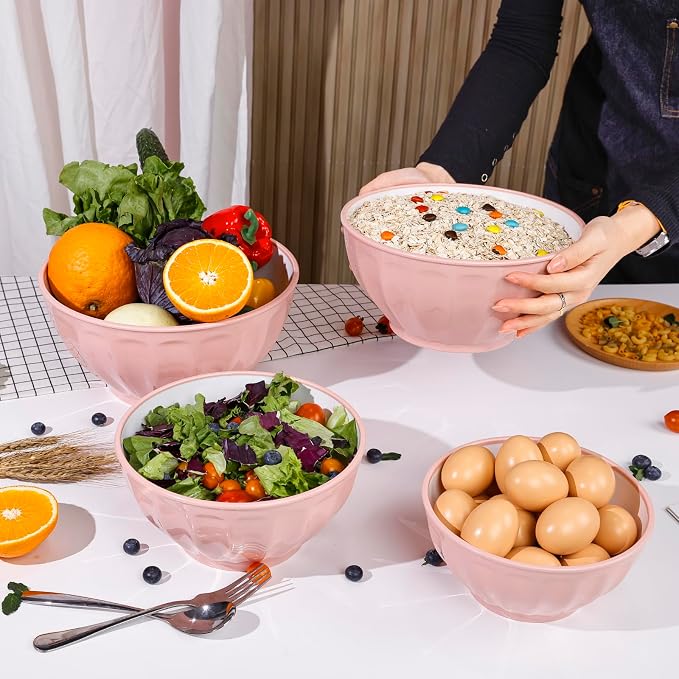 BoxedHome Mixing Bowls with Lids Set, 8 pieces Large 0.2” Thick Plastic Nesting Mixing Bowl, Microwave Safe,Size 5.92, 4.12,3.06,1.80 Quart, Pink