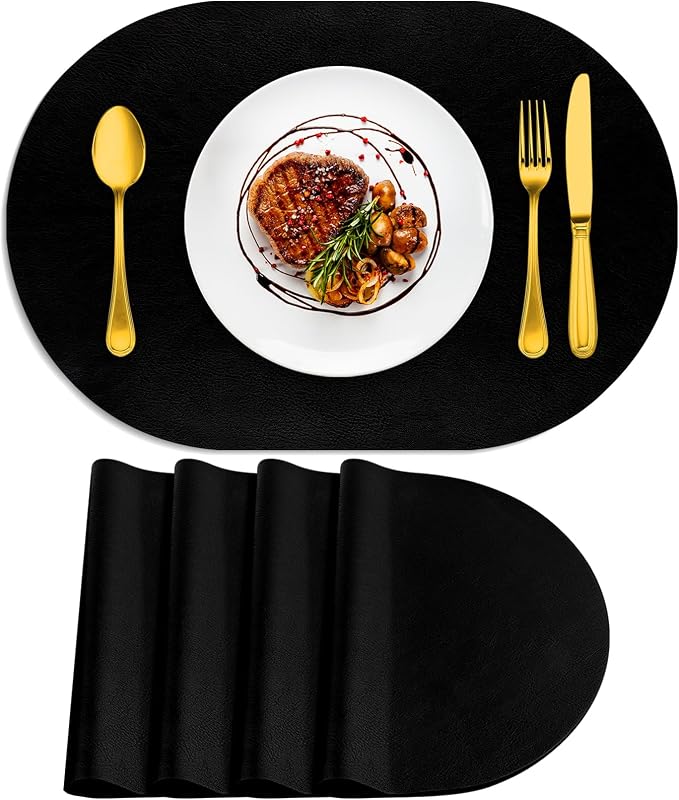 ADRIMER Placemats, Heat Resistant Oval Placemats Set of 4 Washable 12 x 17 Inch, Waterproof Table Mats, Wipeable Pu Place Mats for Kitchen, Dining Room, Black