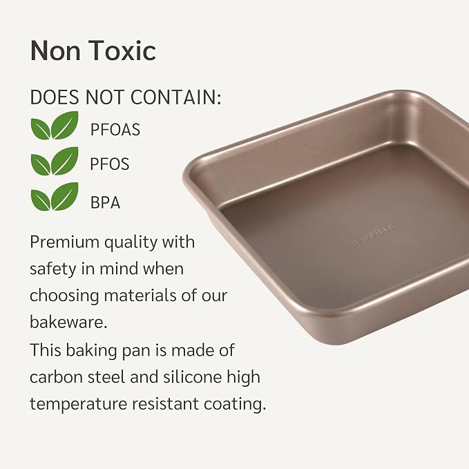 9 x 9 inch Square Baking Pan Nonstick, PFOA & BPA Free | | Non-Toxic - High Carbon Steel - Gold - Cake & Brownie Mold