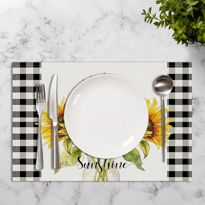 Sunflower Sunshine Vase Summer Placemats Set of 4, Outdoor Home Party Decor | Buffalo Plaid Spring Table Mats for Kitchen Dining Decoration, Washable Non-Slip Heat Resistant Linen Fabric Place Mats