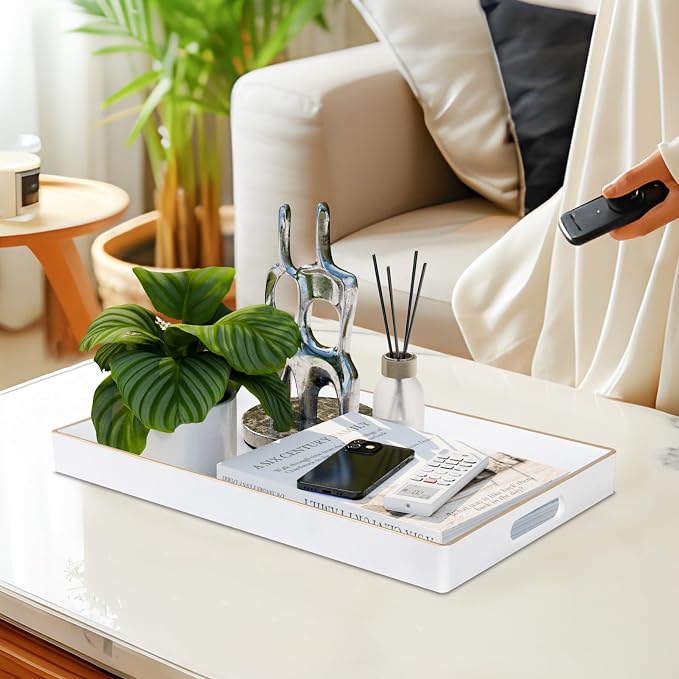 White Decorative Tray for Coffee Table, Serving Tray with Handles | Plastic Melamine Tray, Modern Ottoman Tray, Rectangular Countertop Organizer Tray for Living Room, 15.8"L x 10.2"W x 1.4"H