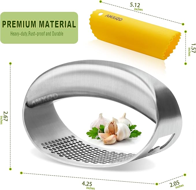Stainless Steel Garlic Press Rocker & Silicone Peeler | Garlic Mincer Crusher Squeezer, Ergonomic Rocker, Kitchen Tool
