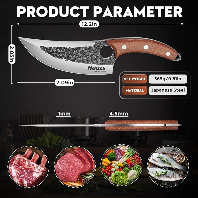 Huusk Viking Knife with Leather Sheath, Hand Forged Butcher Chef Knives | Razor-sharp Japanese Carbon Steel Meat Cutting Knife with Wood Handle for BBQ, Camping & Kitchen, Cool Gifts for Men & Dad