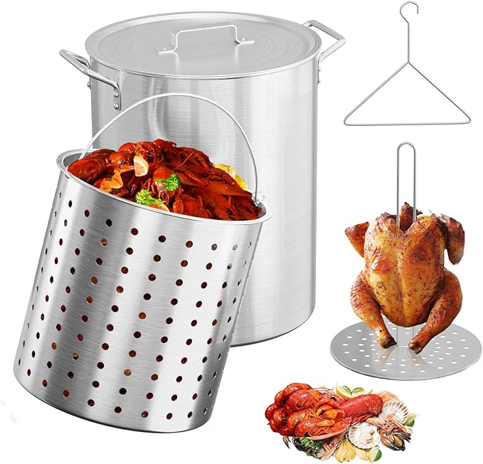 Bonnlo 30QT Aluminum Stock Pot for Boiling Seafood, Crawfish & Crab, Frying Turkey & Steaming Tamales, Large Boil Pot with Strainer Basket, Lid, Lifting Hook & Steamer Rack for Outdoor Cooking